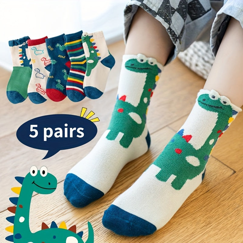 5 Pairs Kids Dinosaur Pattern Sports Socks for Spring and Autumn