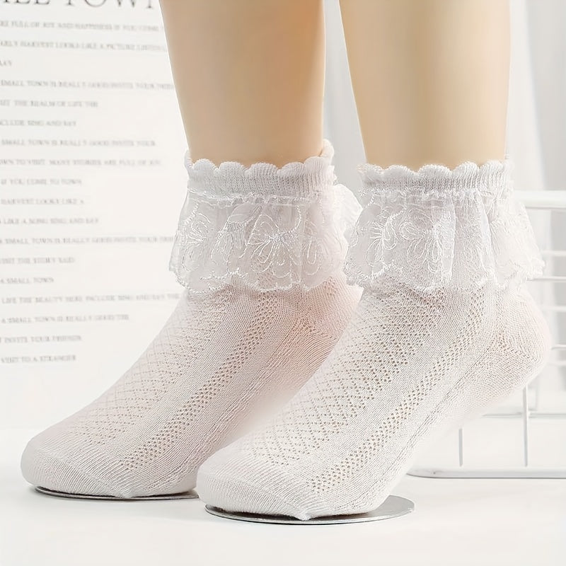 4 Pairs Girls Breathable Cotton Lace Crew Socks for Spring Summer