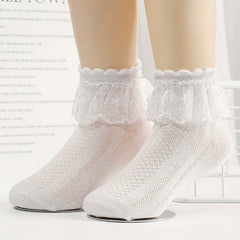 4 Pairs Girls Breathable Cotton Lace Crew Socks for Spring Summer