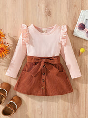 Toddler Girls Ribbed Knit Top & Belted Skirt Set