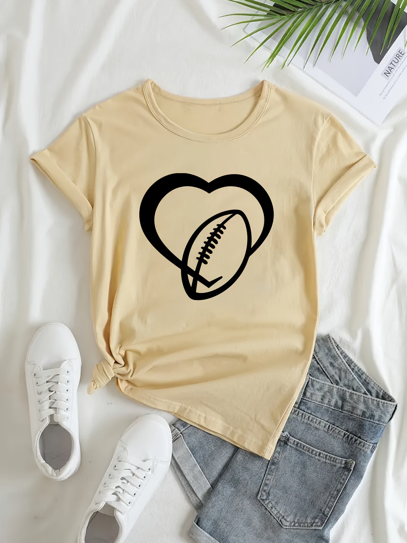 Football Heart Graphic Sports T-shirt Round Neck Workout Top Women's Activewear