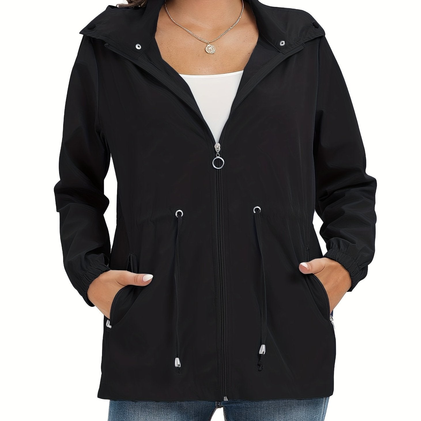 Solid Hooded Rain Jacket Zip Up Long Sleeve Outerwear