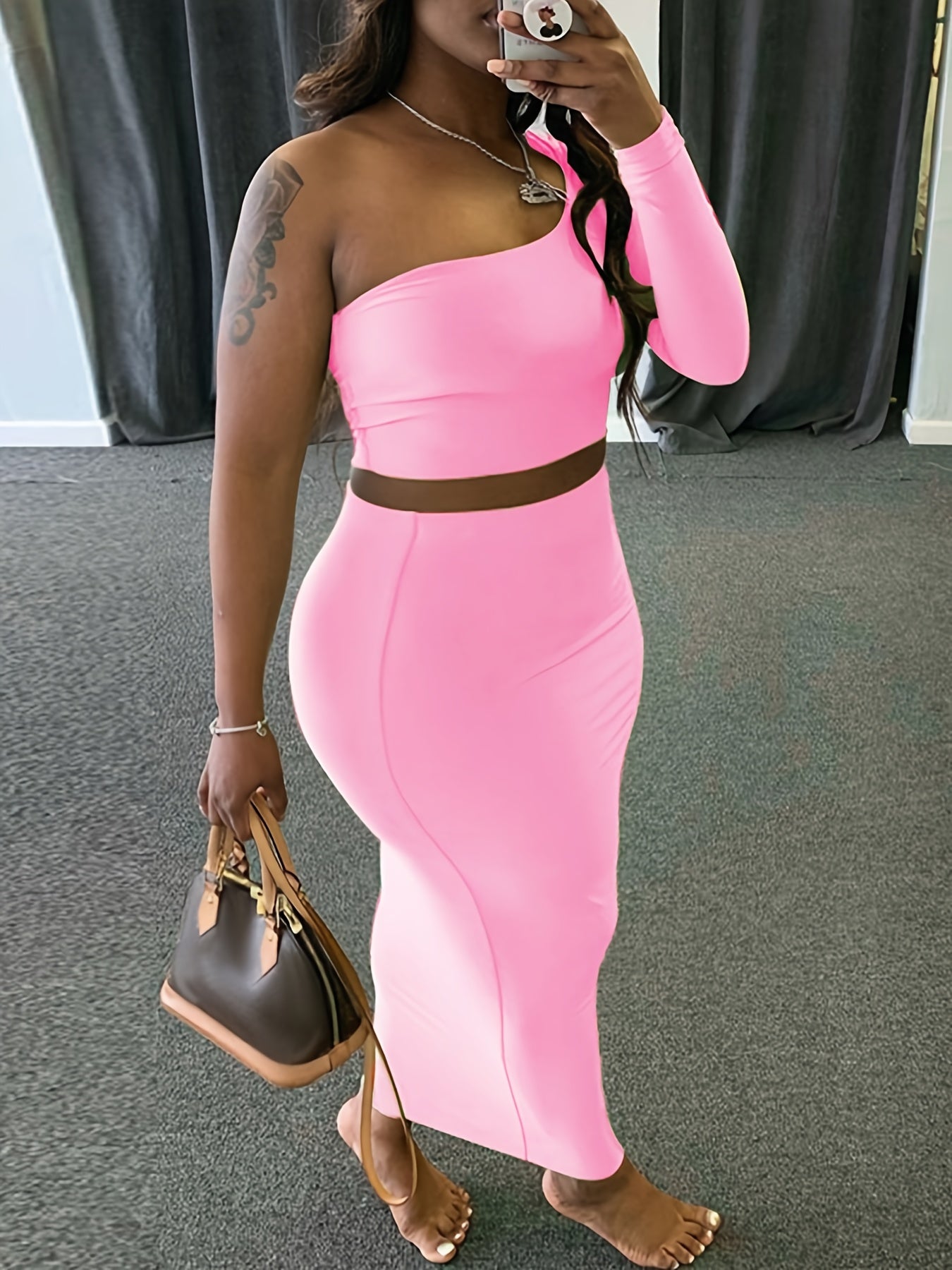 Women's Plus Solid One Shoulder Crop Top & Maxi Skirt Set