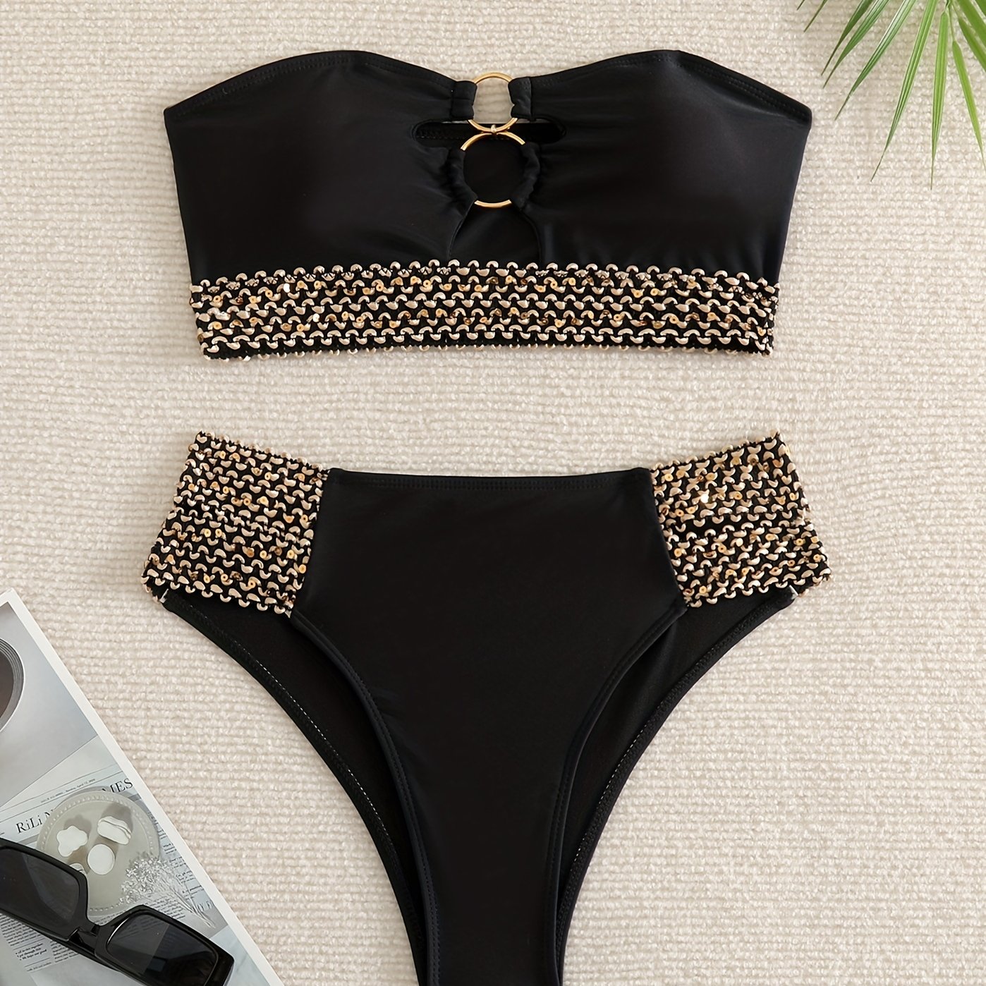 Glitter Band Ring Bikini Set Sexy Swimsuit Beachwear Stretchy Women's Swimwear