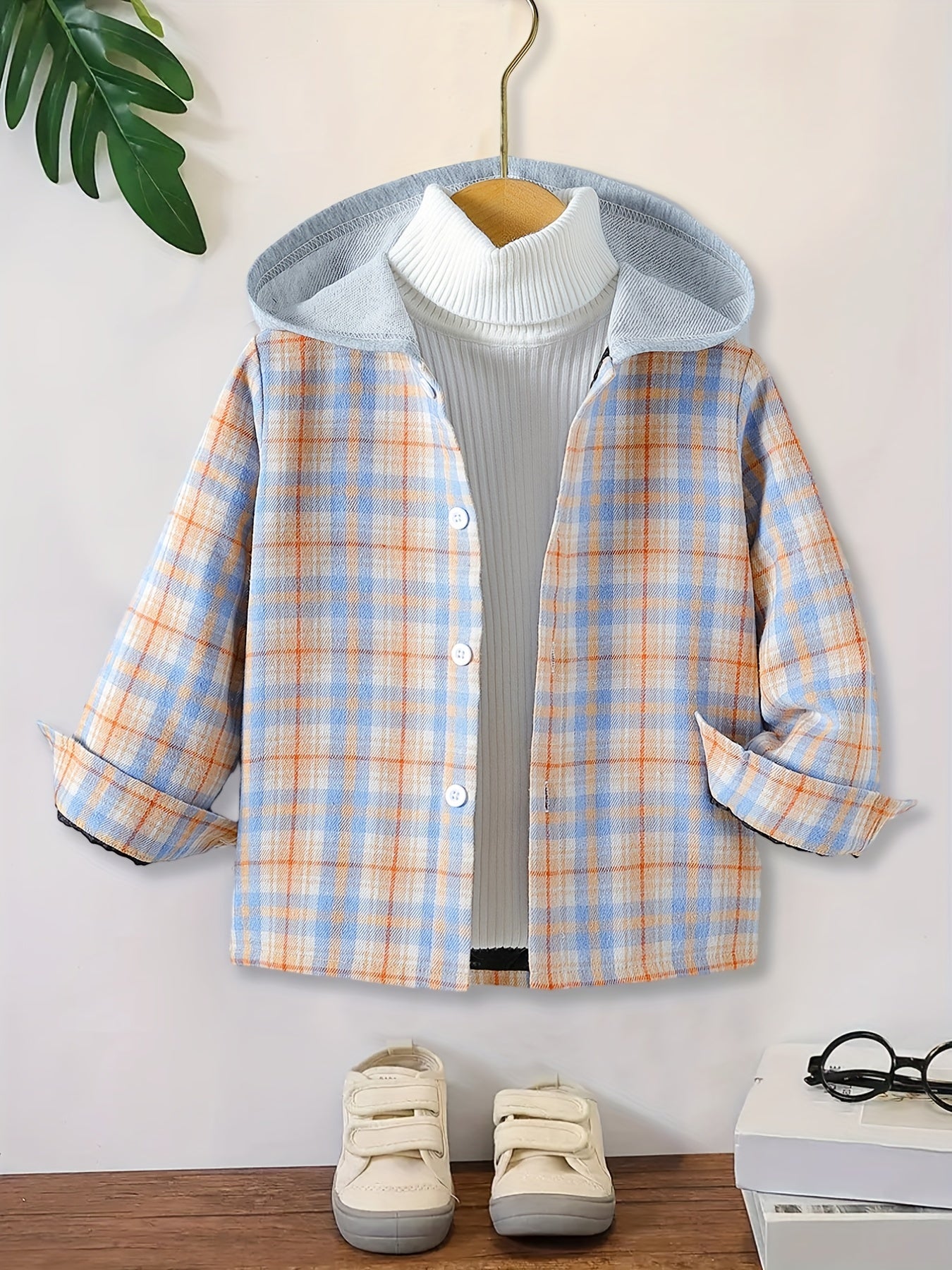 Boys Plaid Long Sleeve Hoodie Casual Shirt With Pocket