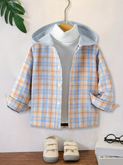 Boys Plaid Long Sleeve Hoodie Casual Shirt With Pocket