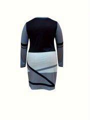 Geometric Print Long Sleeve V Neck Dress