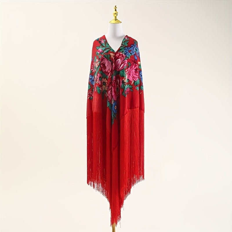National Style Print Shawl Ultra Long Tassel Retro Style Shawl