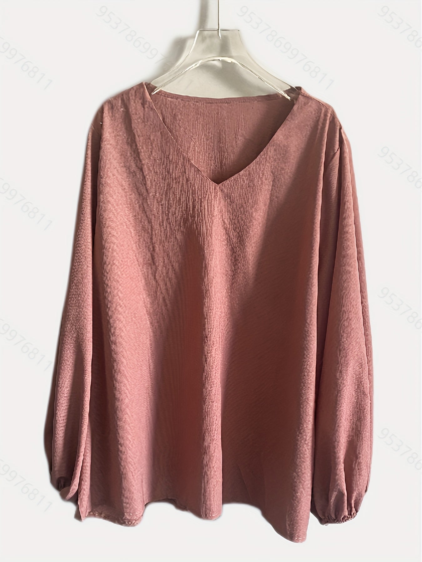 Casual Blouse Women's Plus Solid Lantern Sleeve V Neck Stretch Top