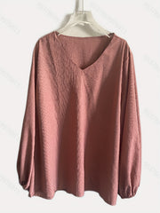 Casual Blouse Women's Plus Solid Lantern Sleeve V Neck Stretch Top
