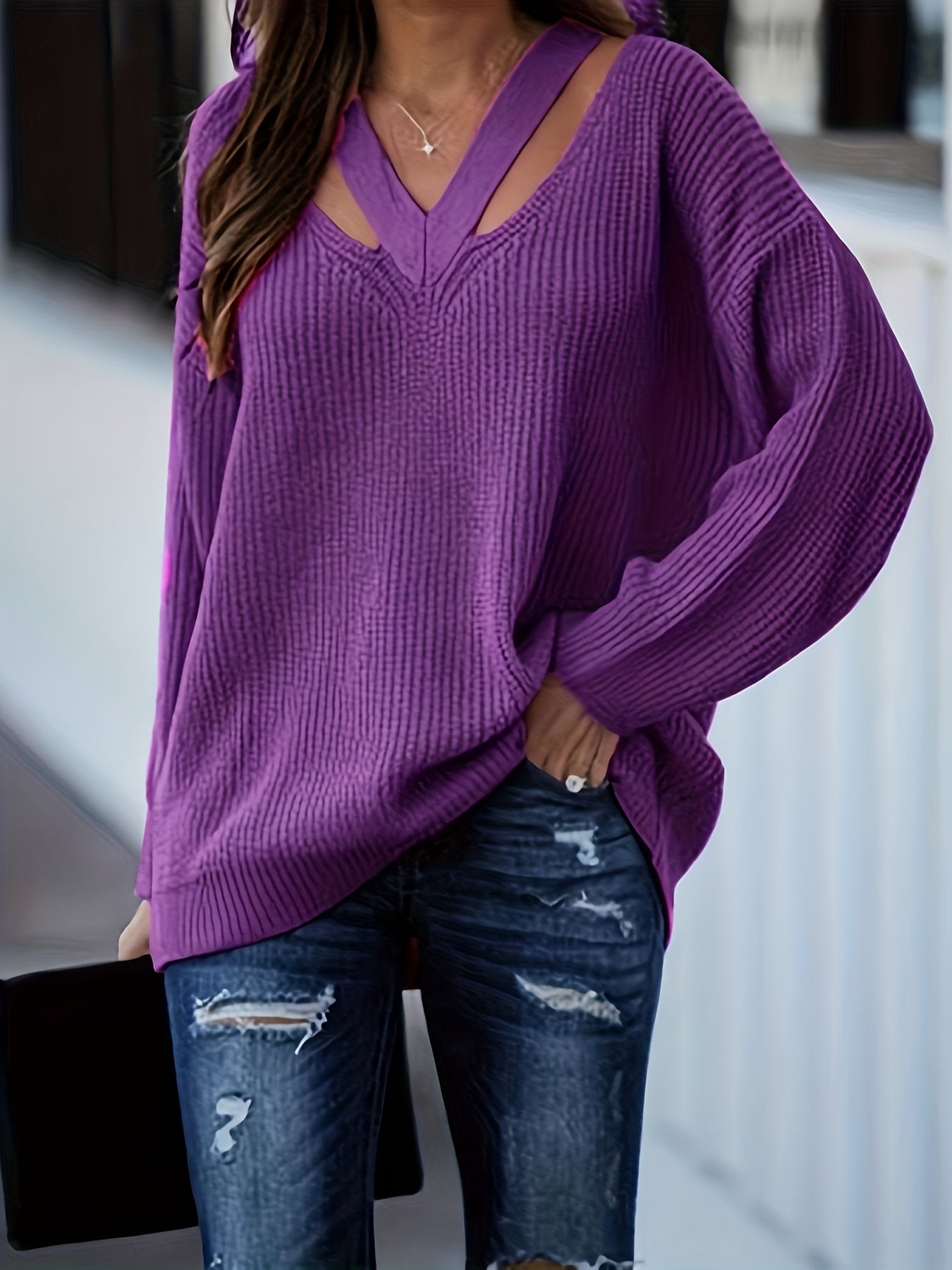 Casual Sweater Solid Knitted V Neck Pullover