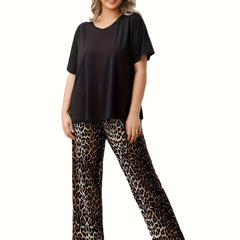 Casual Pajamas Set Soft Tee & Leopard Print Pants Lounge Two Piece Set
