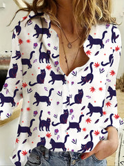 Cat Print Button Up Long Sleeve Collar Blouse