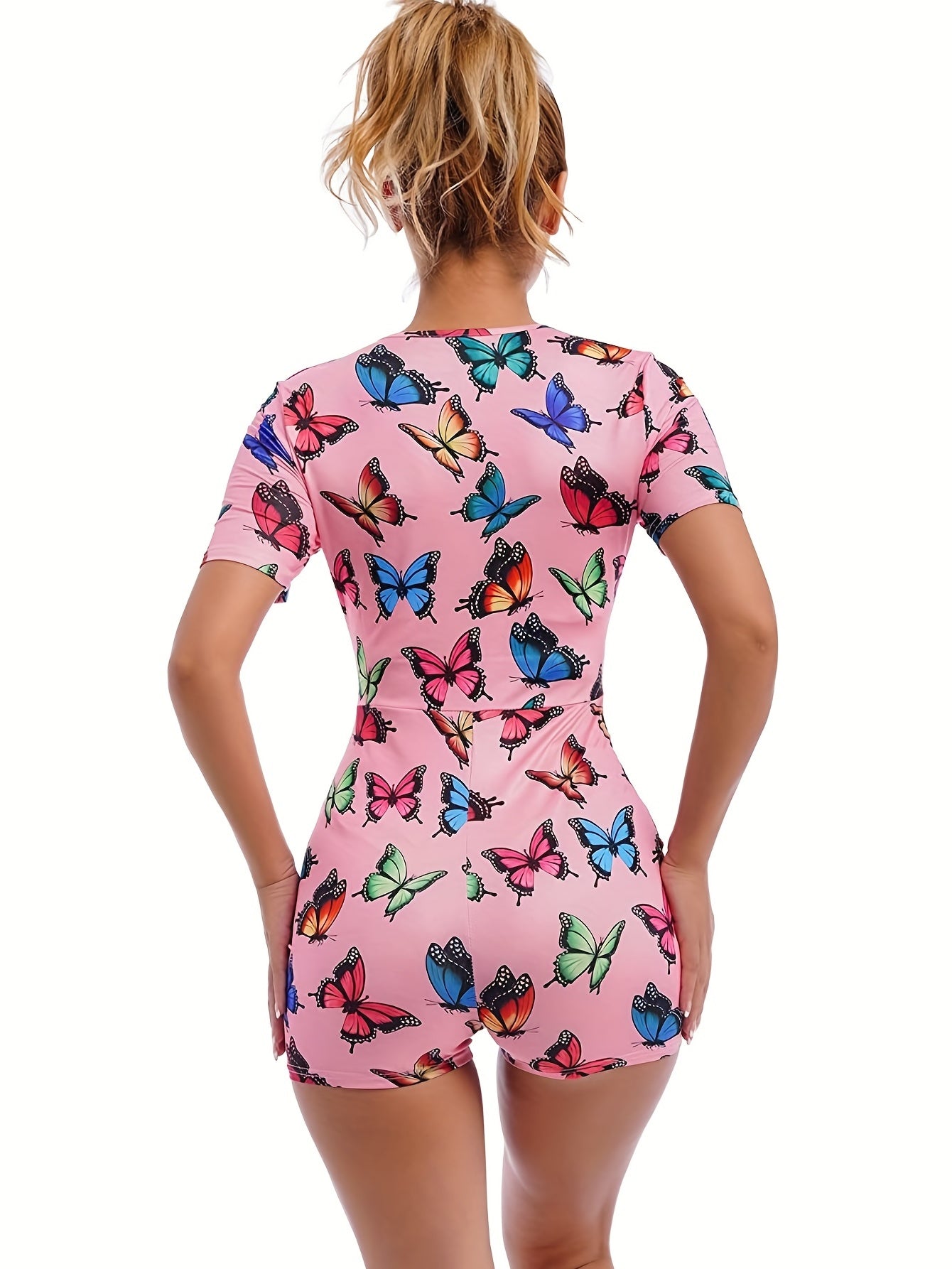 Butterfly Pattern Lounge Romper Sexy Short Sleeve Buttons Romper