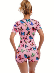 Butterfly Pattern Lounge Romper Sexy Short Sleeve Buttons Romper