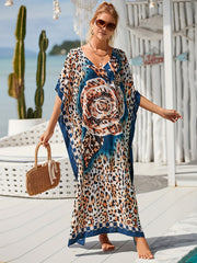 Leopard & Floral Print V Neck Maxi Cover Up Dress