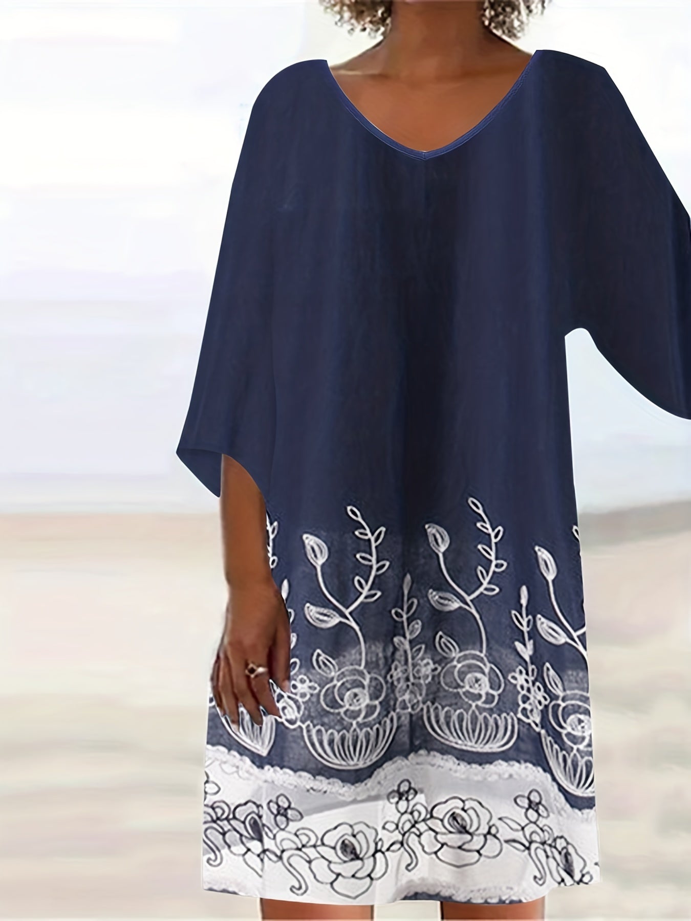 Women's Plus Floral Print Half Sleeve V Neck Casual Dress