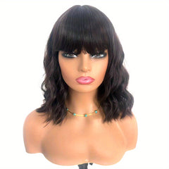 35 56 Cm Pink Body Wave Hair Wigs With Bangs Shoulder Length Short Bob Wavy Wigs