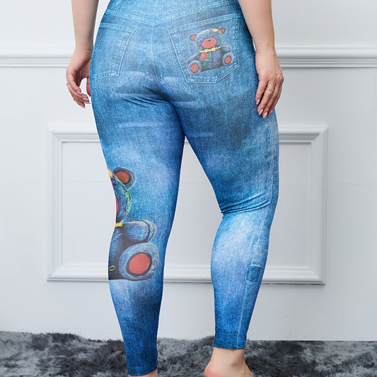 Teddy Bear & Denim Print High Rise Fitness Leggings Women's Plus