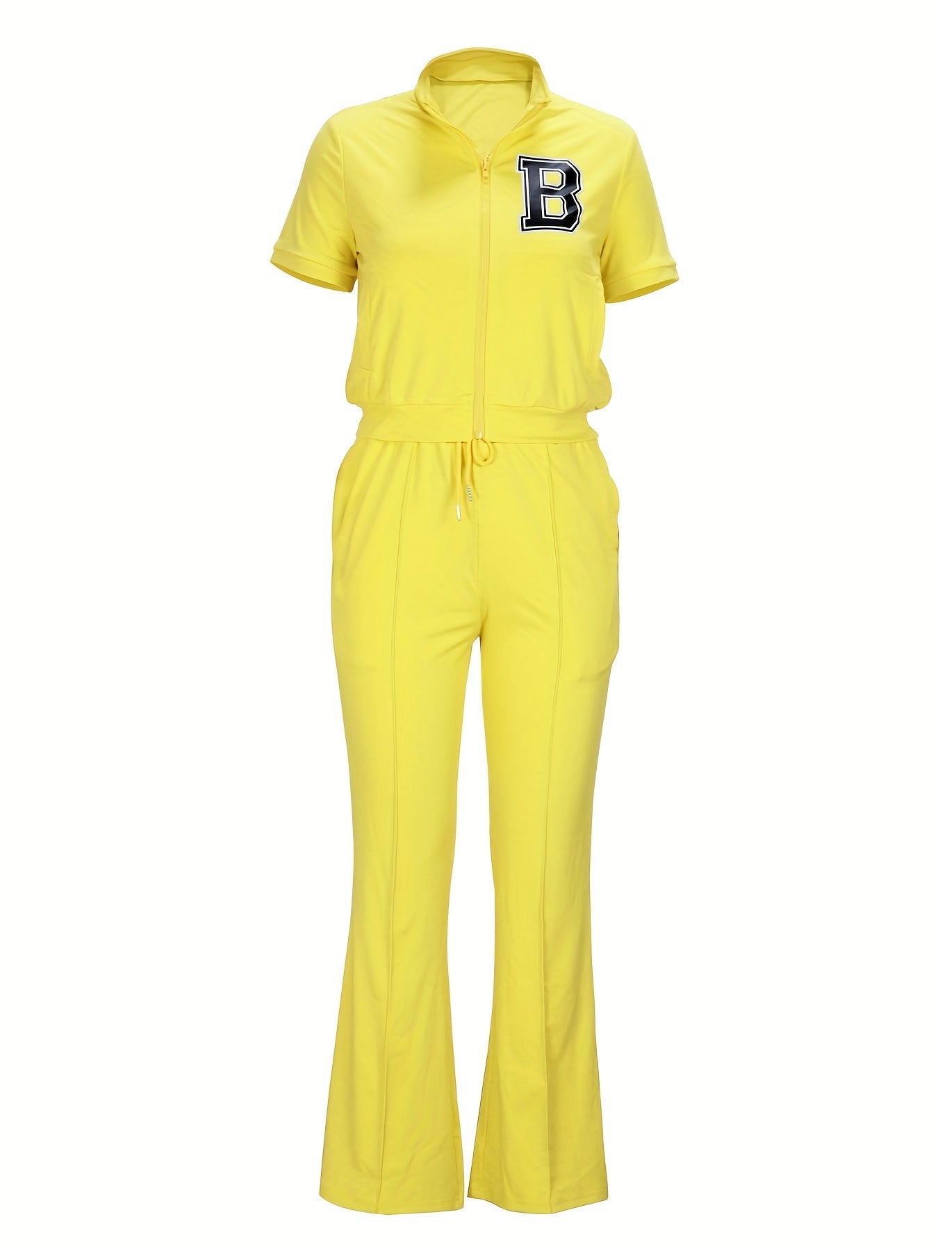 Casual Two-Piece Pants Set Short Sleeve Zip Up Top & Flare Leg Pants
