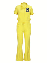 Casual Two-Piece Pants Set Short Sleeve Zip Up Top & Flare Leg Pants