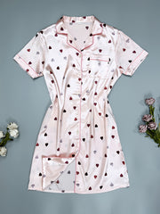 Heart Print Nightdress Short Sleeve Lapel Buttons Sleep Dress Women's Sleepwear