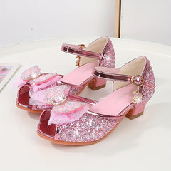 Bowknot Sequin High-heeled Sandals for Girls Lightweight Dress Shoes