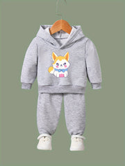 2pcs Kitty Print Hoodies Pants Set For Kids Spring Fall Sports