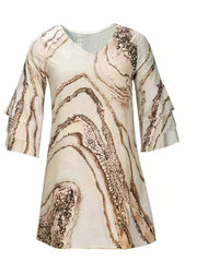 Marble Print Flared Sleeve Dress V Neck Loose Midi Dress