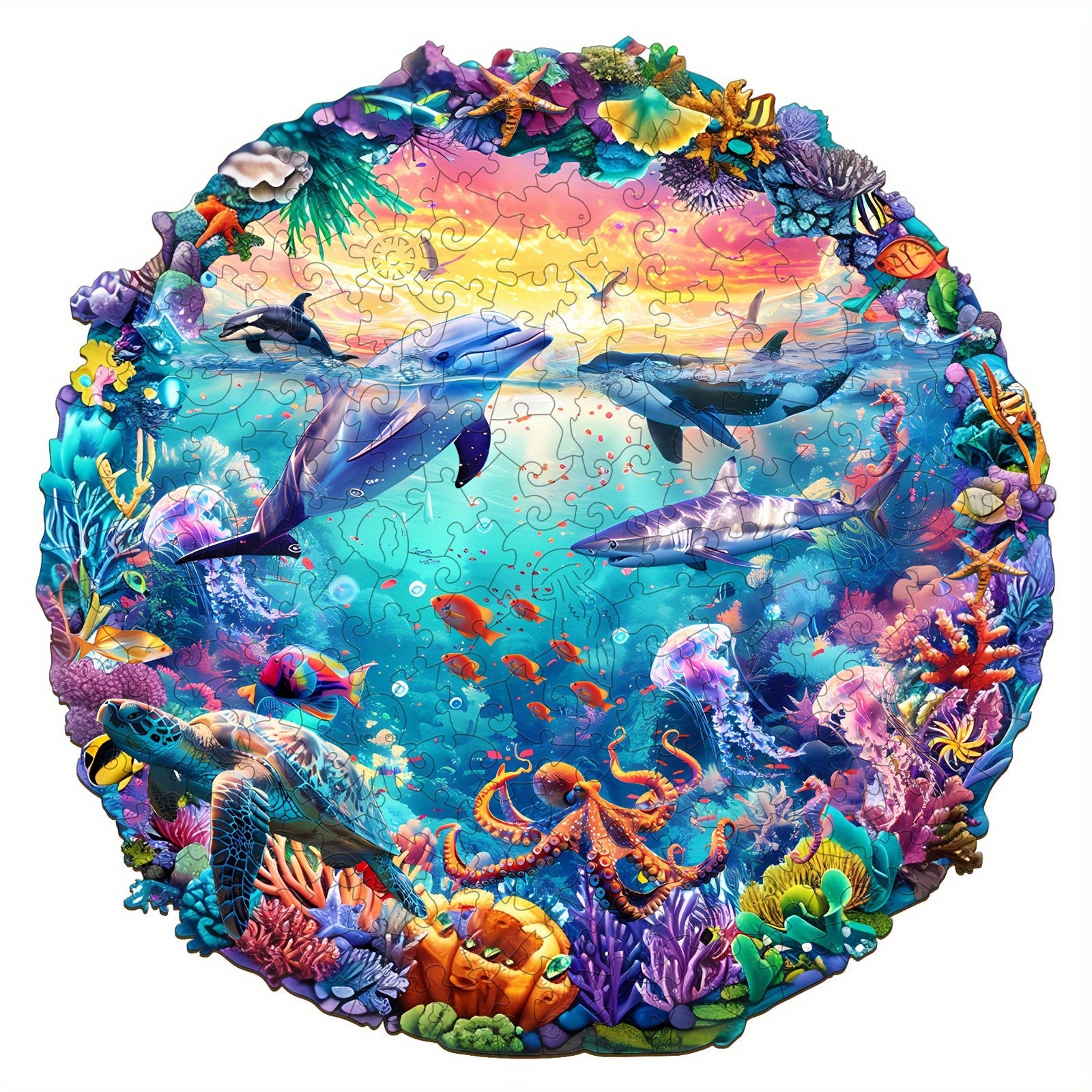 Ocean World Wooden Jigsaw Puzzle with Dolphins and Tropical Fish