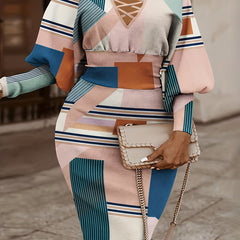 Geo Print Lantern Sleeve Bodycon Dress