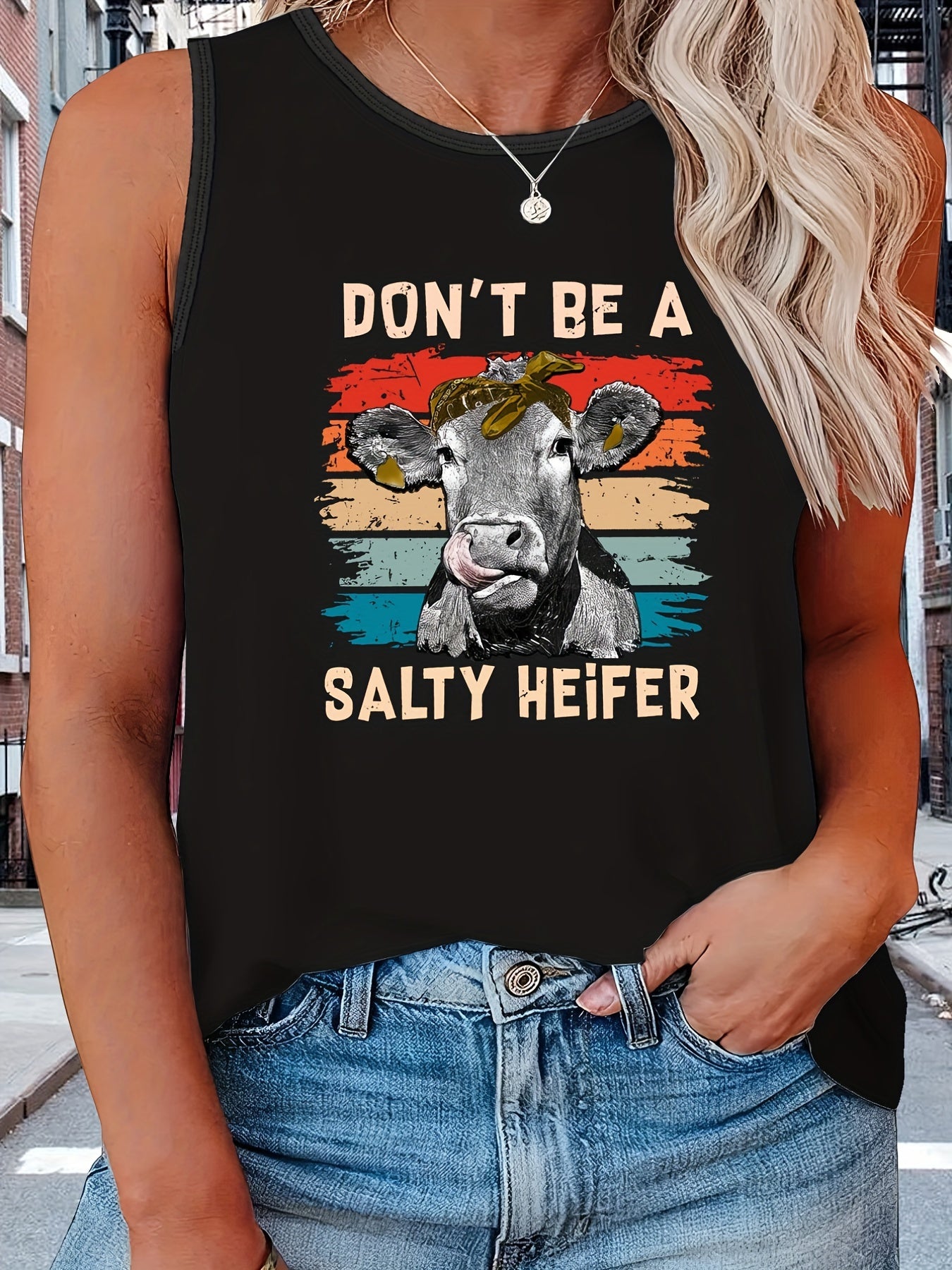 Colorblock Cow & Slogan Print Tank Top