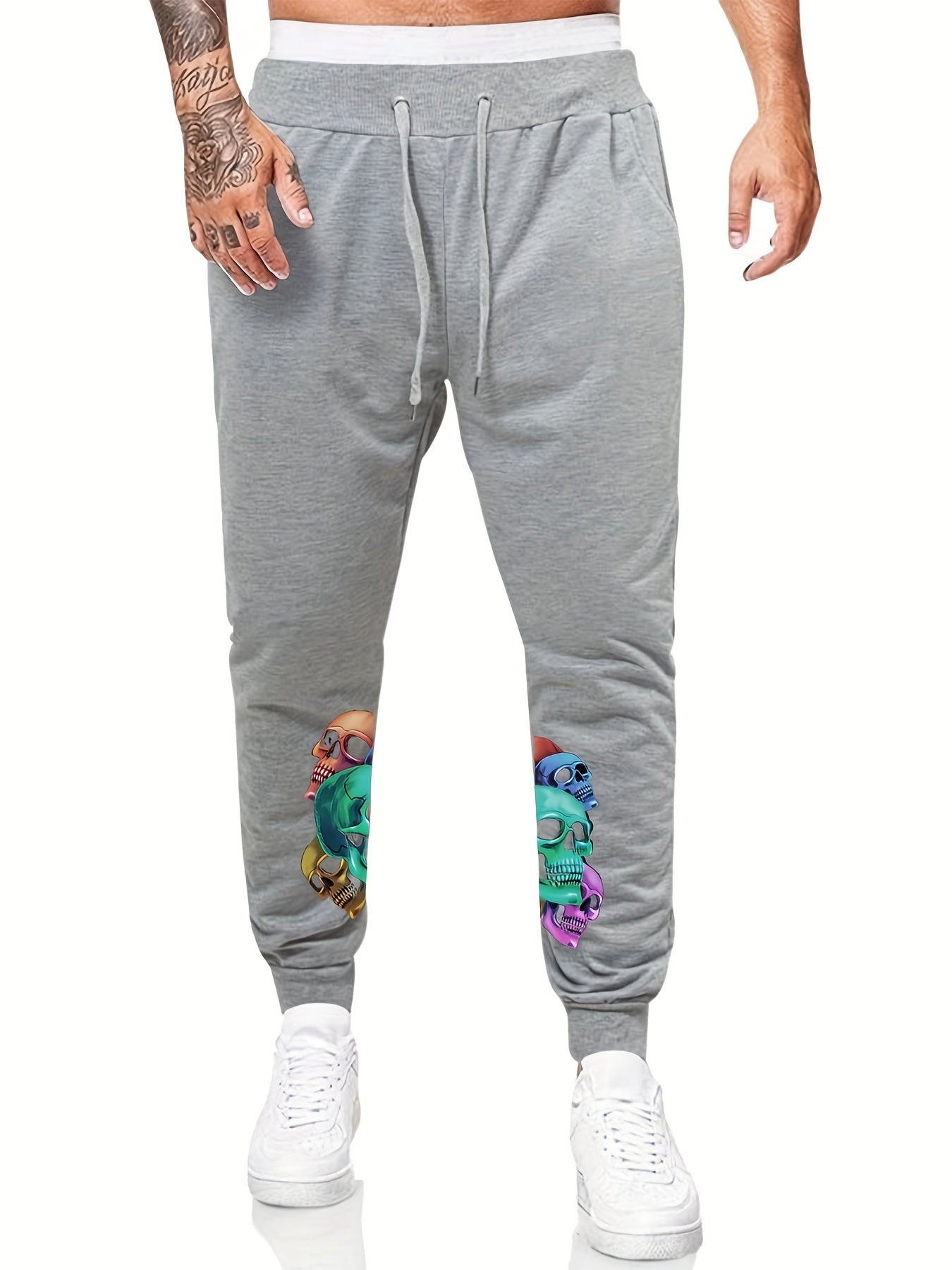Colorful Skulls Print Warm Sweatpants Drawstring Jogger Pants