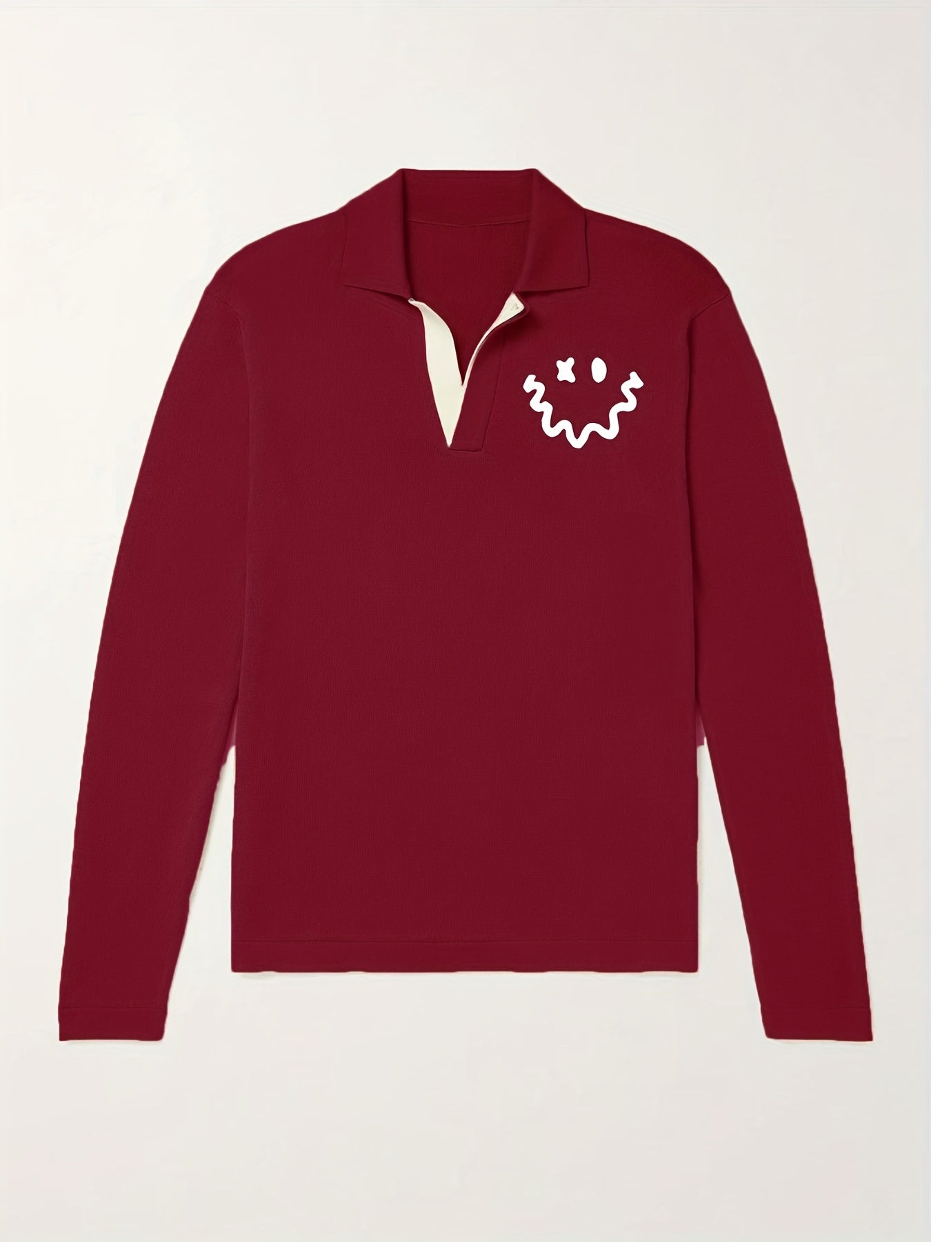 Cartoon Smile Face Pattern Knit Polo Shirt Men's Casual V Neck Pullover Sweater