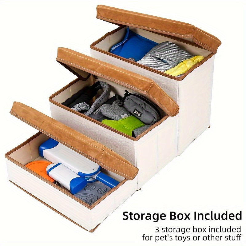 Foldable 3-Tier Pet Stairs for High Bed with Storage