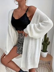 Plus Size Solid Ribbed Lantern Sleeve Open Front Knit Cardigan