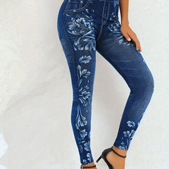 Floral & Denim Print High Rise Leggings