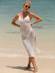 Crochet Halter Cover Up Dress Hollow Out Solid Backless Vacation Style Beach Cov