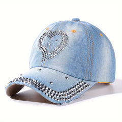 Rhinestone Heart Baseball Cap Denim Distressed Sun Hat Adjustable
