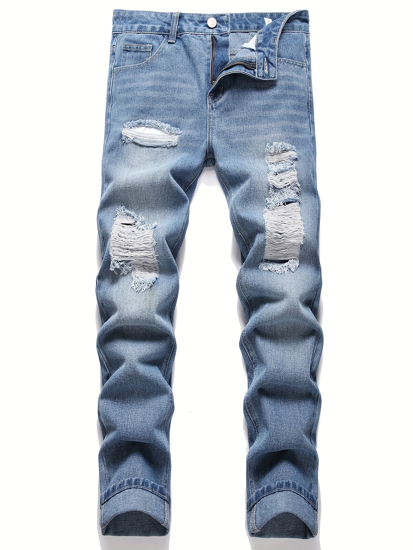 Men's Distressed Denim Pants Straight Leg Ripped Cotton Jeans
