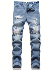 Men's Distressed Denim Pants Straight Leg Ripped Cotton Jeans