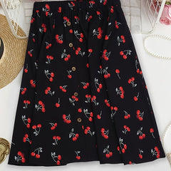 Cherry Print A-line Skirt with Elastic Waist