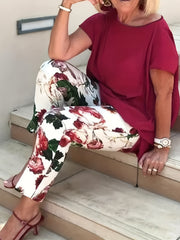 Casual Outfit Set Solid Top & Floral Print Pants