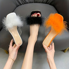 Women's Faux Fur Block Heel Sandals