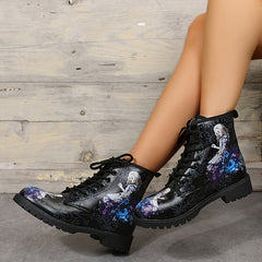 Women's Gothic Ankle Combat Boots Round Toe Lace Up Chunky Heel Short Boots