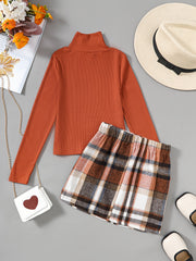 Girls Turtleneck Knit Top & Plaid Short Skirt Set
