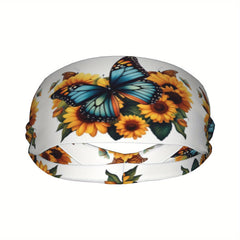 Sunflower & Butterfly Print Sports Headband - Stretchy & Breathable Polyester