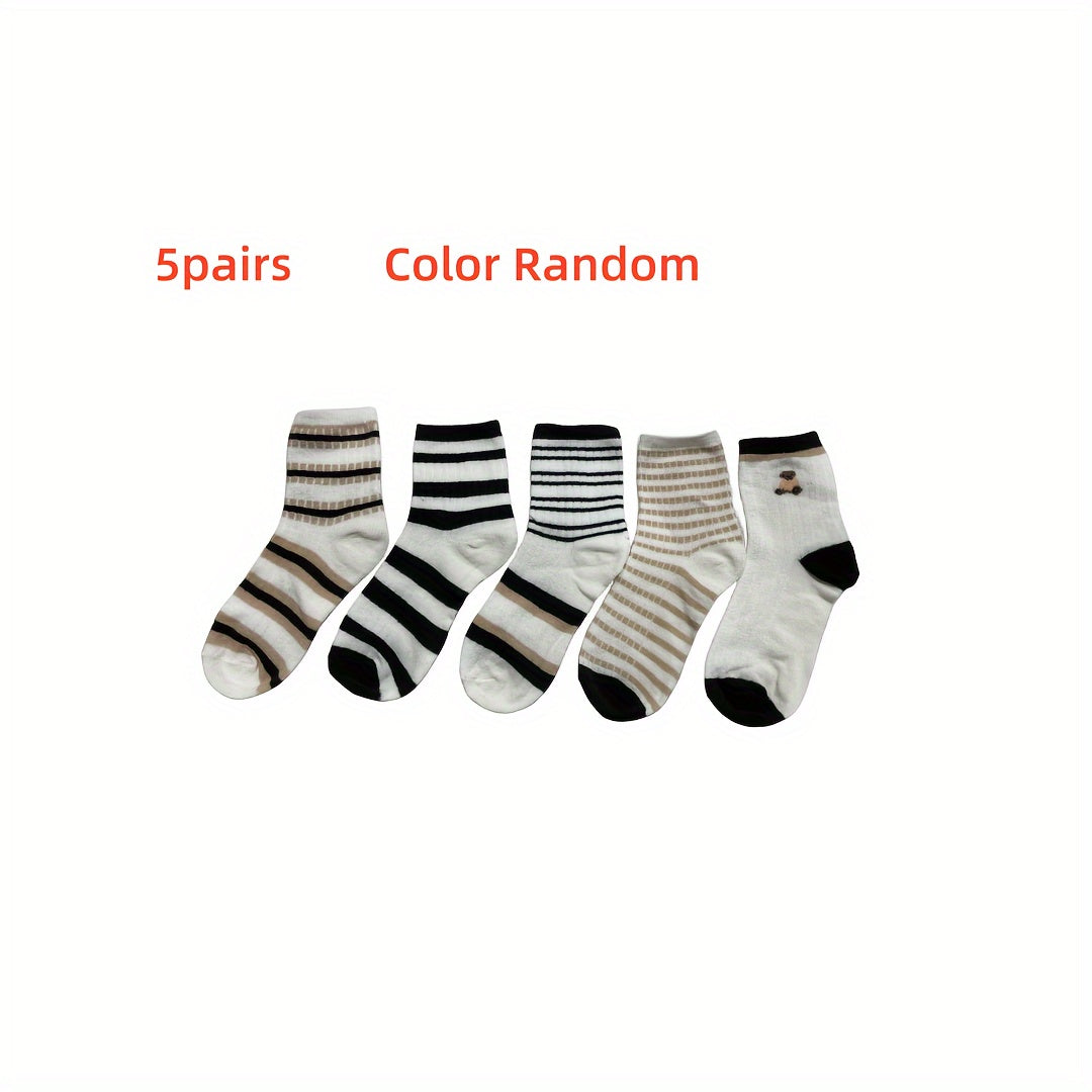 5 Pairs Teen Striped Crew Socks Breathable Cotton Comfy Casual Style Unisex