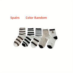 5 Pairs Teen Striped Crew Socks Breathable Cotton Comfy Casual Style Unisex