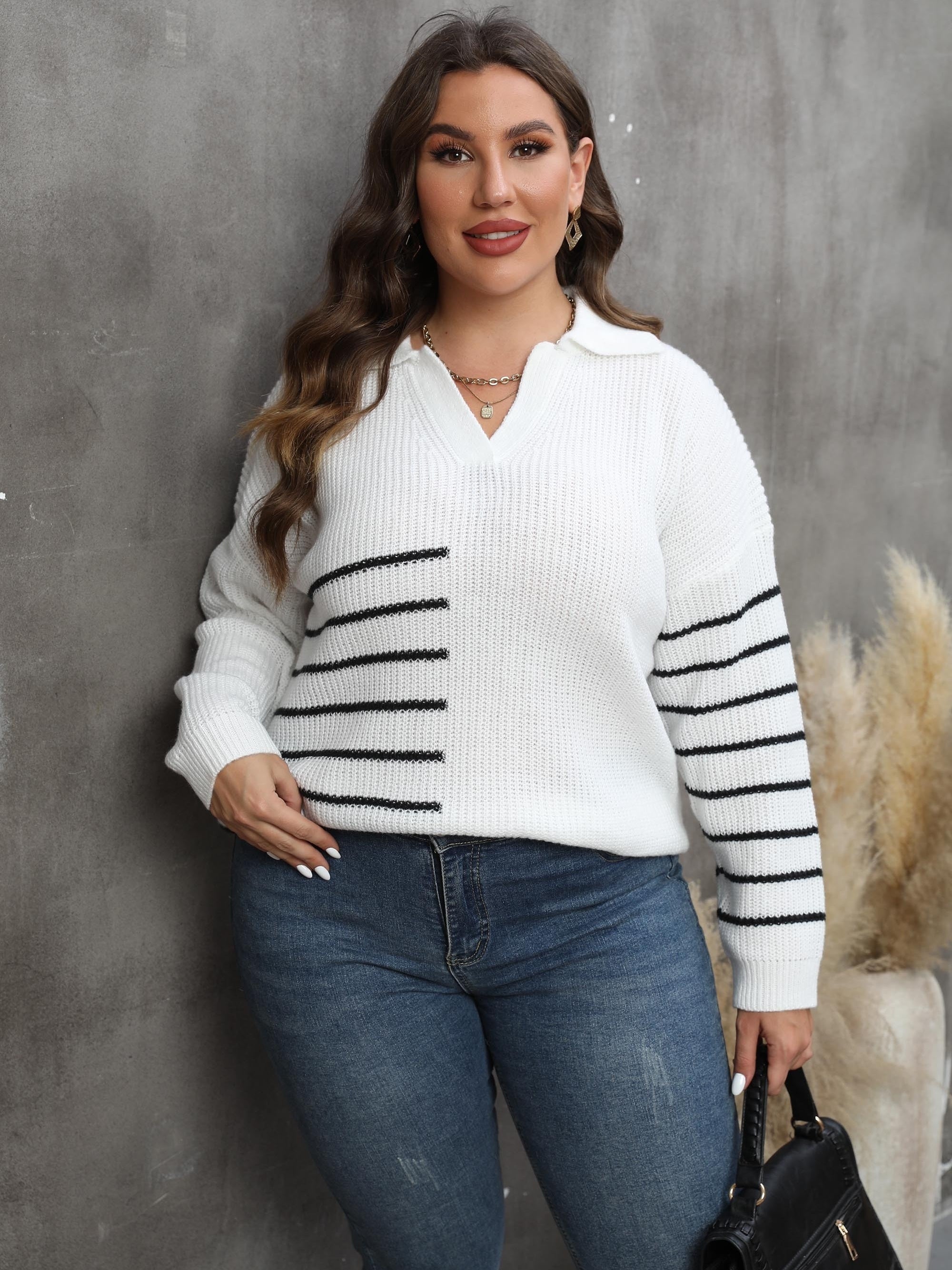 Casual Sweater Women's Plus Colorblock Stripe Long Sleeve Jumper